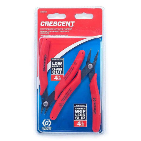 Red Compact Electronics Cutter Set With Miniature Flush Cutters And Needle Nose Pliers Serrated Jaws For Firm Grips Cuts Soft Wire Up To 20 AWG 0.8mm Shock Absorbing Grips All Purpose Hobbyist And General Electronics Tool Black in plastic packaging.