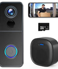 Wireless 1080P Video Doorbell With Chime, Battery Powered, 32GB SD Card Preinstalled, No Monthly Fees, 2-Way Audio, Motion Detection