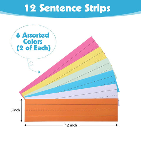 12 Piece Magnetic Sentence Strips For Teachers, 3 By 12 Inch Ruled Word Magnets in six colors displayed fan-like