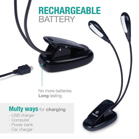 Rechargeable 12 LED Warm Clip On Book Light With Dual Goosenecks Bed Reading Lamp and music stand light with charging cable