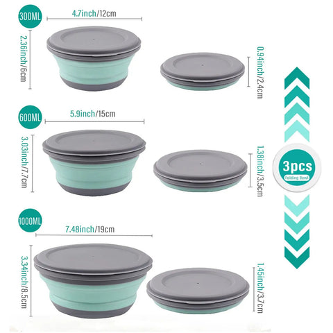 Collapsible Silicone Bowls Set Of 3 With Lids BPA Free Food Grade Camping Dinnerware For Travel Picnic And Lunch Grab And Go Portable Foldable Food Storage Containers In Blue Dishwasher Safe Reusable, three bowls different sizes with lids, blue color