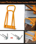 Eaves Seam Locker For Standing Seam Metal Roofs HTSL25E2 Edge Folding Tool; shown from multiple angles and diagram; yellow metal.