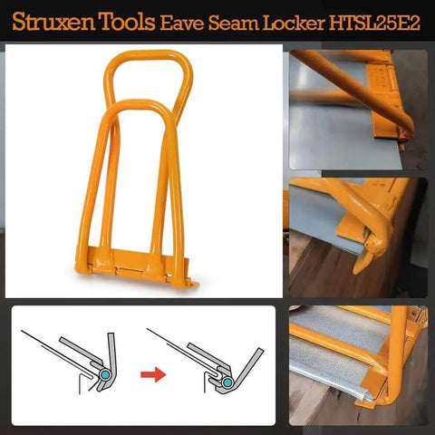 Eaves Seam Locker For Standing Seam Metal Roofs HTSL25E2 Edge Folding Tool; shown from multiple angles and diagram; yellow metal.