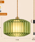 UUSWAWW Plug in Pendant Hanging Light Fixture Green Drum Glass with Fabric Inner Shade, Vintage Dimmable Hanging Lamp Cord, Gold Swag Lamp for Bedroom Ceiling Kitchen, Boho Mid Century Modern Decor with measurements.