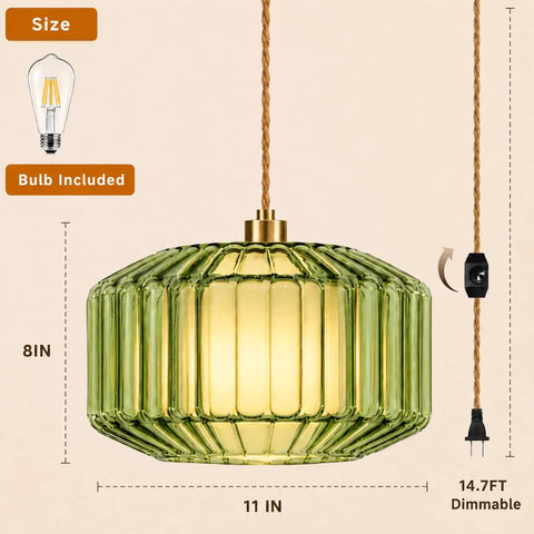 UUSWAWW Plug in Pendant Hanging Light Fixture Green Drum Glass with Fabric Inner Shade, Vintage Dimmable Hanging Lamp Cord, Gold Swag Lamp for Bedroom Ceiling Kitchen, Boho Mid Century Modern Decor with measurements.