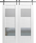 Straight Up No Hassle Sliding Double Barn Doors With Slick Stainless Rail Kit And Heavy Duty Hardware Set For Easy Install In Crisp White Finish Measuring Forty Two By Ninety Six Inches with metal track and glass panels