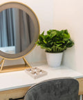 No Sweat Beige Velvet Jewelry Tray With Four Grid Compartments For Quick Sorting Rings Earrings And Bracelets on desk with plant and mirror
