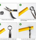 Step-by-step use of 400Pcs Spring Band Hose Clamps Kit, 15 Size Assortment 6mm To 20mm with pliers and yellow hose.