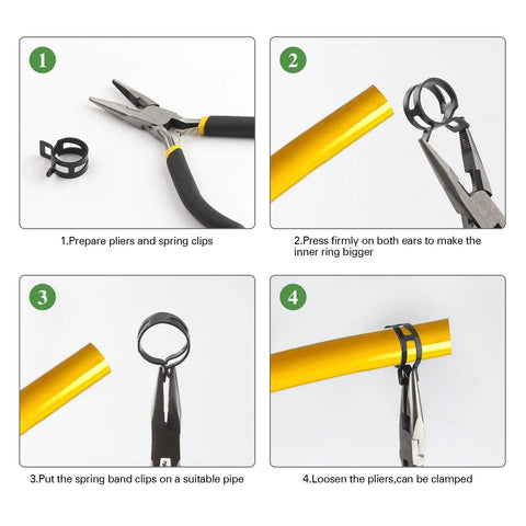 Step-by-step use of 400Pcs Spring Band Hose Clamps Kit, 15 Size Assortment 6mm To 20mm with pliers and yellow hose.