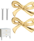 Two Piece Gold Bow Knob Set For Dresser Cabinets And Cupboards Vintage Metal Hardware shown with screws and dresser