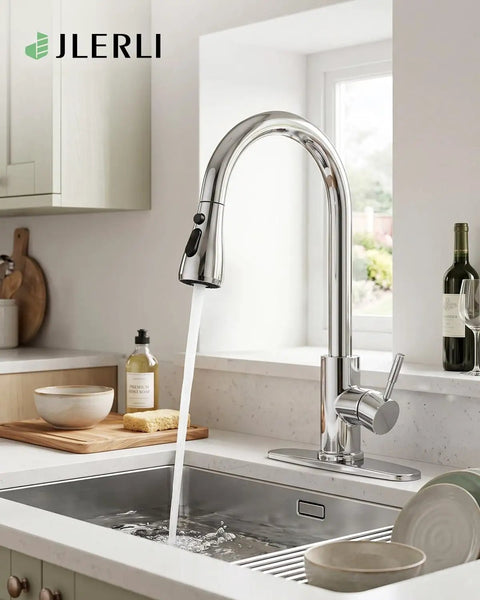 Jlerli Pull-Down Kitchen Faucet, High Arc, Brushed Nickel, 3-Modes Sprayer with water pouring into a sink.