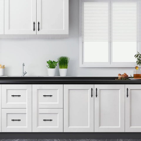 Modern kitchen with Matte Black 25 Pack Cabinet Handles 3 Inch Hole Centers 5 Inch Overall Length Square Base Drawer Pulls