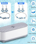 Makes Quick Work Of Hard Grime With This 45 Khz Professional Ultrasonic Jewelry Cleaner, before and after images showing cleaned earrings and bracelet.
