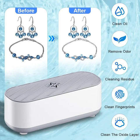 Makes Quick Work Of Hard Grime With This 45 Khz Professional Ultrasonic Jewelry Cleaner, before and after images showing cleaned earrings and bracelet.