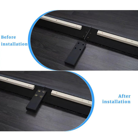 Heavy Duty Rock Solid Bed Frame Legs Replacement Kit With Bolt On Hardware 5 Inch Straight Support Feet installed under wooden bed.