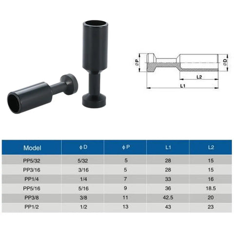 Technical drawing and specifications of 60-Piece Push To Connect Pneumatic Fittings And Blank Plugs Set For 1/8 5/32 1/4 5/16 3/8 1/2 Inch Inner Diameter Tubing Cap Style Quick Connect Blanking Plugs Made From Durable DVC Plastic And Built To Last
