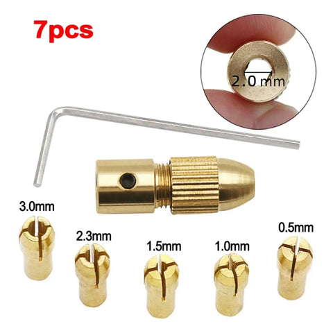 Grab These Awesome 6 Sets Of Brass Mini Drill Collets With Secure 4 Jaw Clamping For Electric Motors, includes 2mm and 3mm collets.