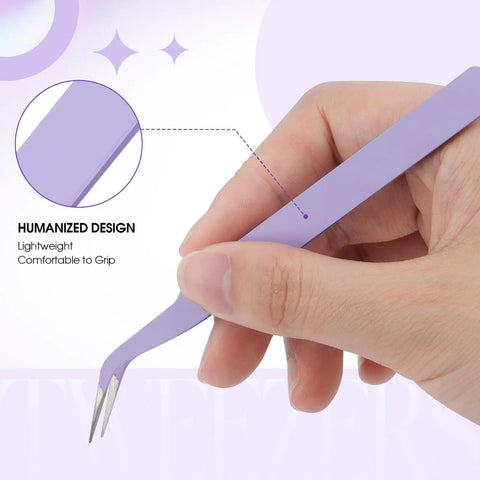 Close-up of hand holding purple stainless steel Precision Lash Extension Tweezers for False Eyelashes with calibrated tension.
