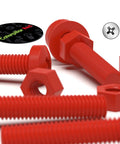 Heavy Duty Red Polypropylene Pan Head Cross Drive Plastic Screws And Bolts Fasteners M3 X 20 Millimeters, red screws and nuts displayed.