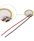 Close-up of Ten Pack 10mm Piezo Discs For Guitar Pickup Transducers with wires attached to ultra thin buzzer film element.