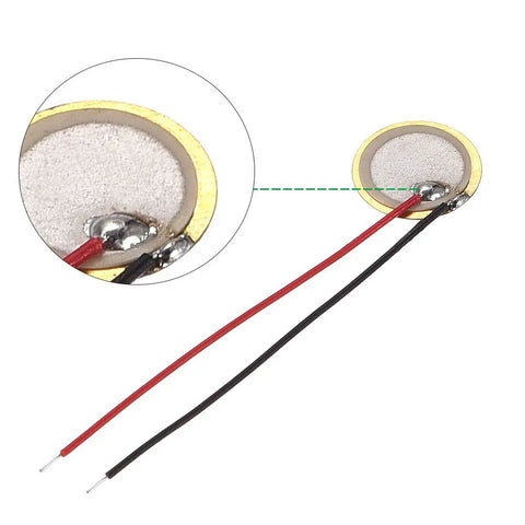 Close-up of Ten Pack 10mm Piezo Discs For Guitar Pickup Transducers with wires attached to ultra thin buzzer film element.