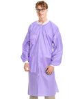 Person wearing Knee Length Lab Coats 50G SMS, Unisex 10 Pack, Anti Static, Knit Cuffs, Pockets, Purple, Durable Pro Grade Medical Wear for Dental Hospitals Clinics, Reusable and Washable, Autoclavable Up To Five Uses in a clinical setting.