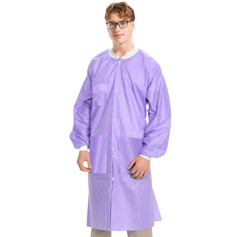 Person wearing Knee Length Lab Coats 50G SMS, Unisex 10 Pack, Anti Static, Knit Cuffs, Pockets, Purple, Durable Pro Grade Medical Wear for Dental Hospitals Clinics, Reusable and Washable, Autoclavable Up To Five Uses in a clinical setting.