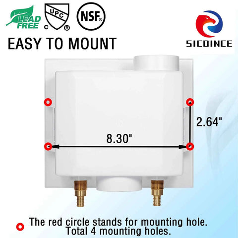 Front view of Washer Outlet Box With Water Hammer Arrestor And Valves For Quiet Laundry showing measurements and mounting holes.