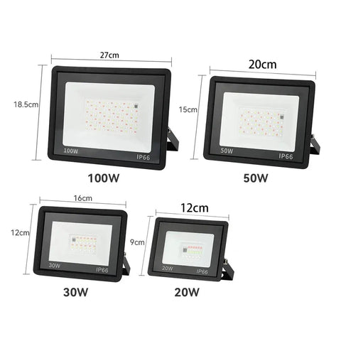 JUDYSSY RGB Led Floodlight Reflector Outdoor Lighting Ac 220 20W 30W 50W 100W Ip66 Waterproof Outdoor RGB Spotlight showing size variations.