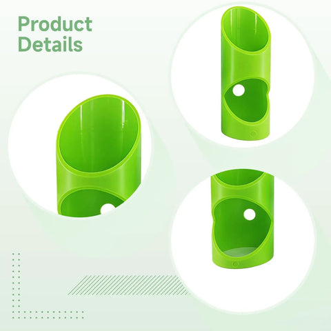 Close-up of green three piece foam pipe cutter tool set for insulation pipes in ABS plastic with ergonomic curved design.