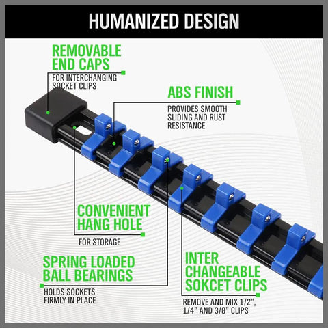 Image of Heavy Duty Socket Rail Organizer Set Nine Piece Kit With Quarter Inch Clips Forty Eight Three Eighths Inch Clips, showing removable end caps, ABS finish, and interchangeable socket clips.