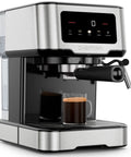 CraftBrew Digital Espresso Maker With 15 Bar Pump And Steam Wand, compact stainless steel machine front view brewing coffee.