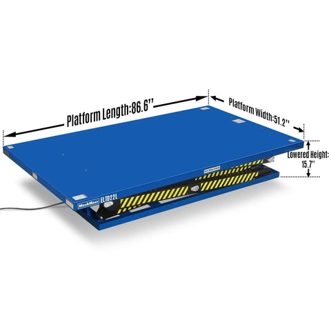 Heavy Duty Wireless Remote Electric Scissor Lift Table With 2200 Lb Capacity, Massive 86 Inch Platform, And Smooth Hydraulic Action For Serious Warehouse Jobs Or Heavy Machine Maintenance Tasks, 86.6x51.2 inch platform with 15.7 inch lowered height.
