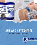 Kinship CPAP mask wipes front view; unscented, lint-free, 150-count total (2x30 packs + 2 canisters)