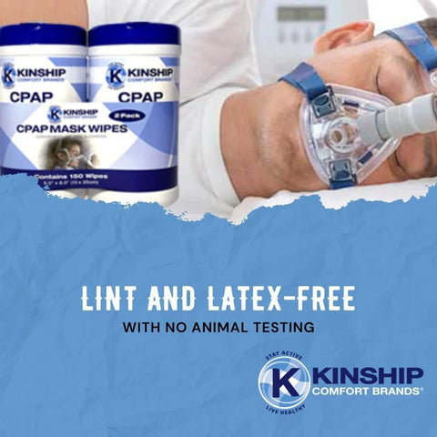 Kinship CPAP mask wipes front view; unscented, lint-free, 150-count total (2x30 packs + 2 canisters)