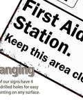Close-up of 12 By 8 Inch Aluminum First Aid Station Sign For Easy Wall Mounting No Sweat Rustproof Weatherproof Safety Sign