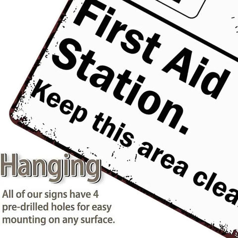 Close-up of 12 By 8 Inch Aluminum First Aid Station Sign For Easy Wall Mounting No Sweat Rustproof Weatherproof Safety Sign