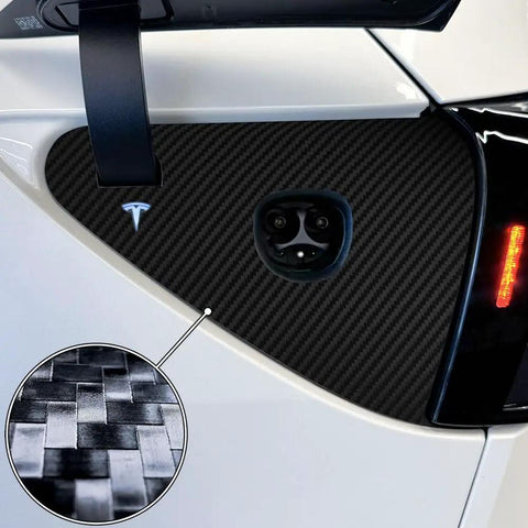 Premium Carbon Fiber Charge Port Wrap For Tesla Model 3 And Model Y Featuring Dope 3D Textured Surface and installed on vehicle.