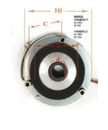 Front view of FPBIGCHA electromagnetic holding brake with silver housing, black inner ring, spline bore, and brown power lead.
