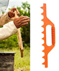 Beekeeper using 9 Frame Beehive Spacing Tool Durable Plastic Frame Spacer For Beekeeping Distance Rake; orange tool beside them