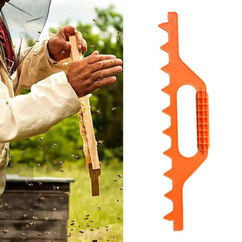 Beekeeper using 9 Frame Beehive Spacing Tool Durable Plastic Frame Spacer For Beekeeping Distance Rake; orange tool beside them