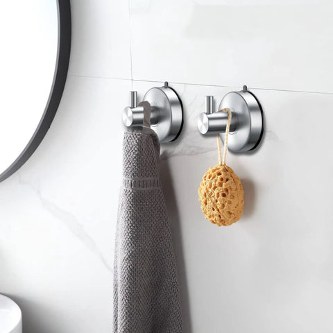 Shower Suction Cup Hooks Set Of 2 Brushed Nickel Stainless Steel SUS 304 holding towel and loofah on bathroom wall