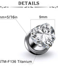 Astm F136 Titanium 0G Heart CZ Ear Gauges Tunnels Plugs Set 8mm Pair for ear stretching shown close-up with size details.