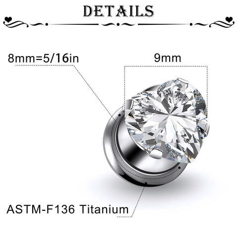 Astm F136 Titanium 0G Heart CZ Ear Gauges Tunnels Plugs Set 8mm Pair for ear stretching shown close-up with size details.