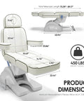 Qnoxlim Full Electric Massage Table With Lift, Whole Piece 3 Motor Professional Facial Bed dimensions and weight capacity diagram.