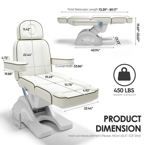 Qnoxlim Full Electric Massage Table With Lift, Whole Piece 3 Motor Professional Facial Bed dimensions and weight capacity diagram.