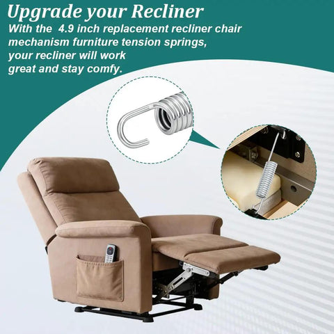 Solid 5 Inch Recliner Spring Replacement Set For Couch And Chair Mechanism Fix No Sweat Tension Coil Extensions With Secure Hook For Furniture Refresh And Comfort, shown on a reclining chair, detailing hook and spring.