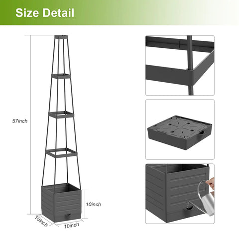 Two Pack Raised Garden Bed Tomato Planter With Trellis And 57 Inch Tomato Cage Plant Support Self Watering Planter dimensions and features