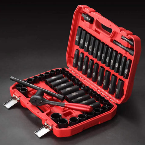 1/2 Inch Master Drive Impact Socket Set, 65-Piece 6-Point SAE and Metric Sockets in CR-V Steel with adapters in red case