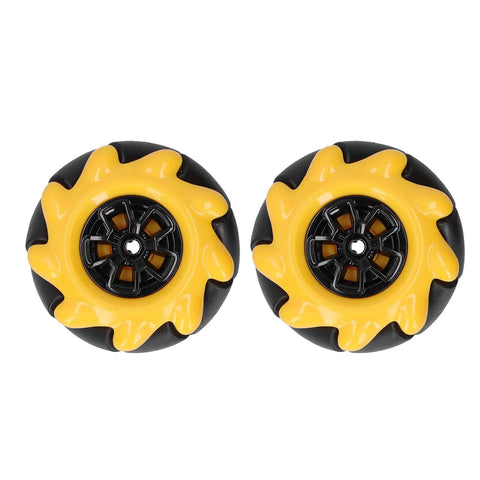 Pair of 48mm Mecanum wheels, yellow rubber-coated with black centers